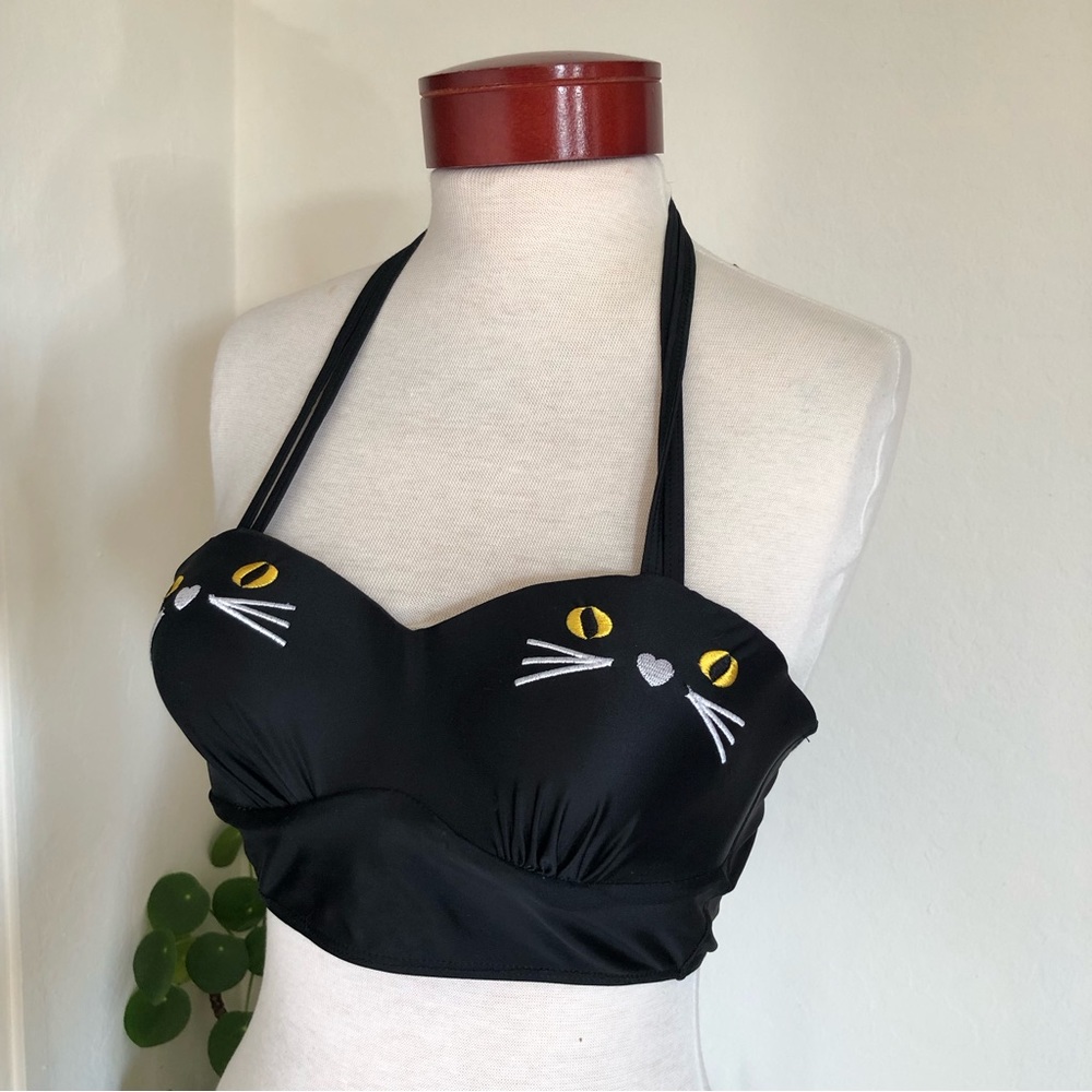 Black cat bustier cropped halter top! Cats faces bikini top kitty kawaii pin-up